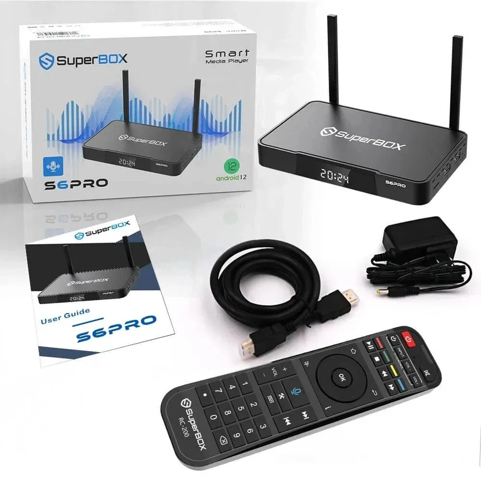SuperBox S6 Pro unboxing - device, remote, HDMI cable, power adapter and user guide