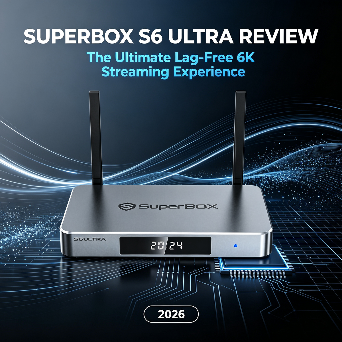 SuperBox S6 Ultra review cover: lag-free 6K streaming experience with dual antennas, silver metal chassis, and 2026 streaming box performance