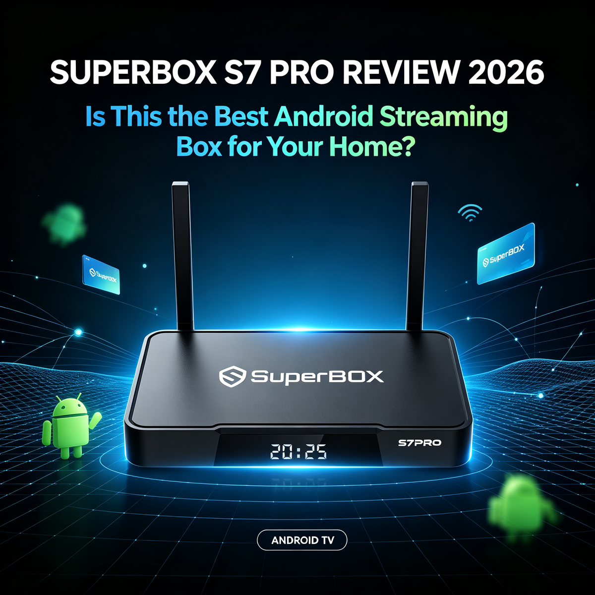 SuperBox S7 Pro review 2026: black Android streaming box with dual antennas, home entertainment cover for best Android TV box comparison