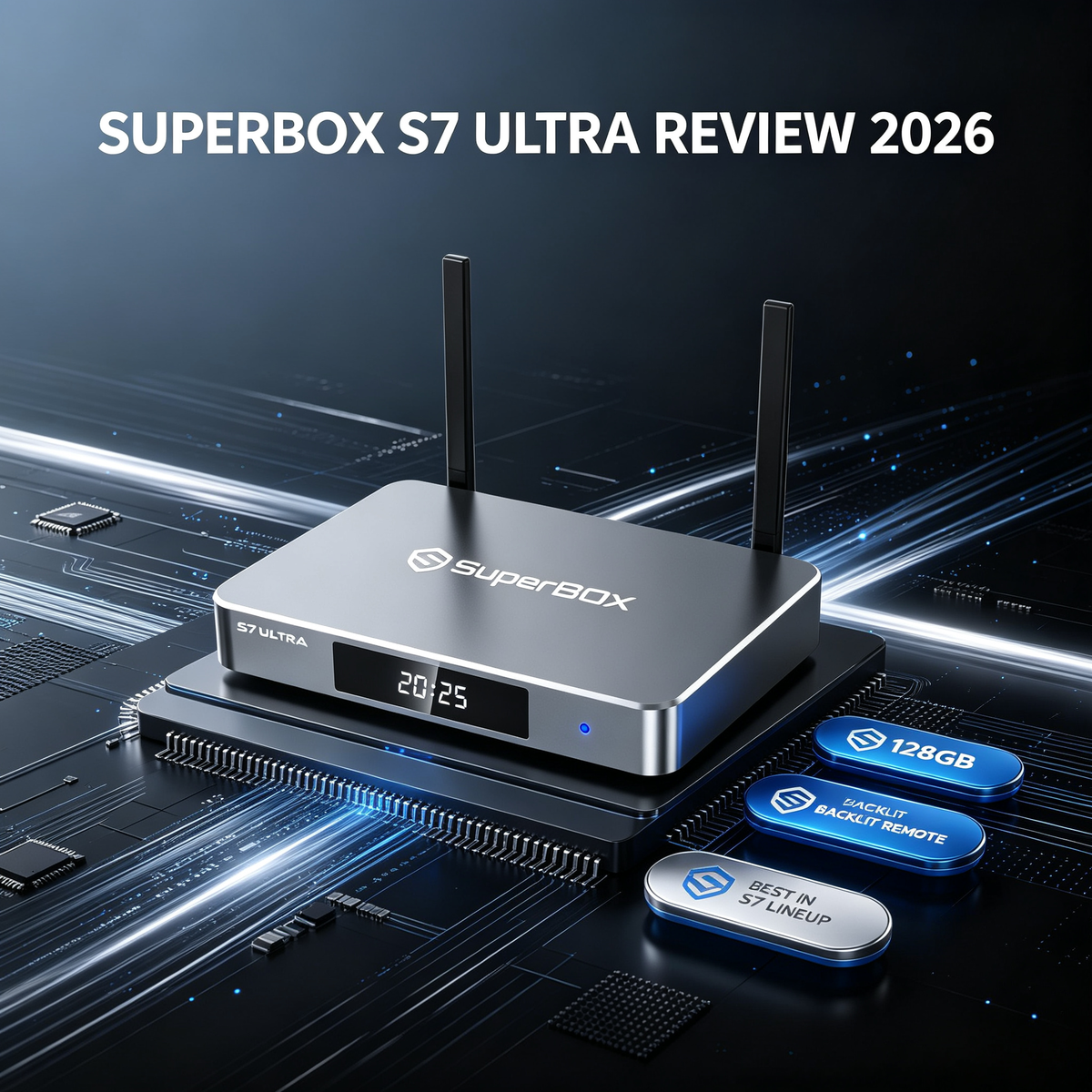 SuperBox S7 Ultra review 2026: silver streaming box with dual antennas, 128GB storage, backlit remote, and flagship S7 lineup performance
