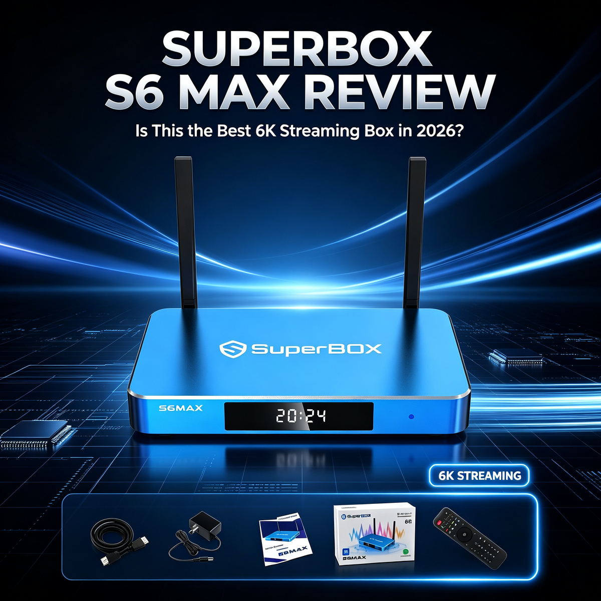 SuperBox S6 Max streaming TV box with dual antennas, blue metal chassis, remote control and accessories, blog cover for SuperBox S6 Max review: Is This the Best 6K Streaming Box in 2026?